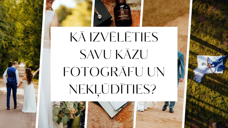 Kāzu raksta bloga titulbilde ar tekstu un kāzu bildēm fonā